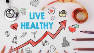 Collage of healthy lifestyle habits including exercise, balanced diet, meditation, and sleep, illustrating ways to reduce stress and support gut health naturally.