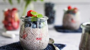Overnight chia pudding with fresh berries – gut friendly breakfast.
