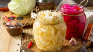 Homemade sauerkraut rich in probiotics and fiber for digestive health and gut-friendly nutrition.
