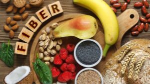 Selection of gut-friendly high fiber foods, illustrating a diet that reduces stress and promotes healthy digestion.