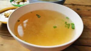 Bone broth contains gelatin, collagen, and amino acids