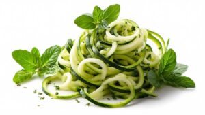 Fresh zucchini noodles with pesto sauce, a light and gut-friendly dinner that is easy to digest and low in carbs.