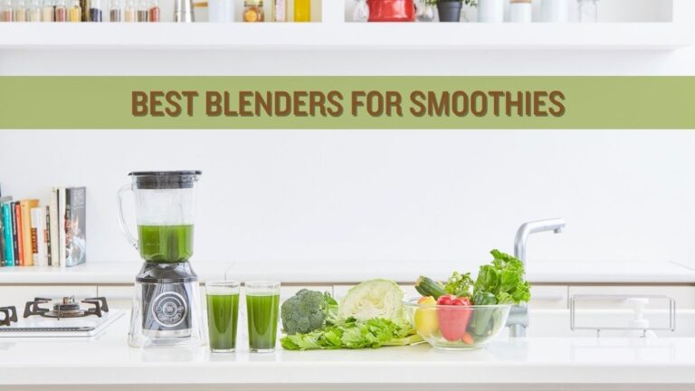 Top-rated budget and premium blenders for making smoothies, arranged with fresh fruit and smoothie glasses.