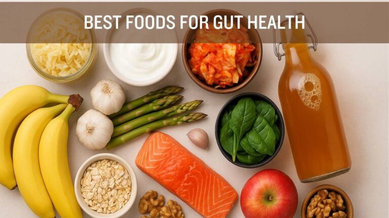 Assortment of best foods for gut health including yogurt, sauerkraut, kimchi, kombucha, bananas, oats, garlic, asparagus, spinach, apple, salmon, walnuts, and walnuts arranged on a light surface with text Best Foods for Gut Health.