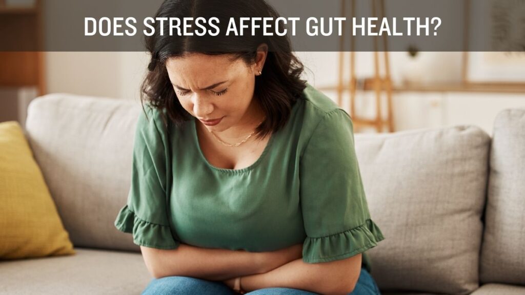 Illustration of a person holding their stomach with stress-related icons around the head, representing the connection between stress, gut health, and the gut-brain axis.