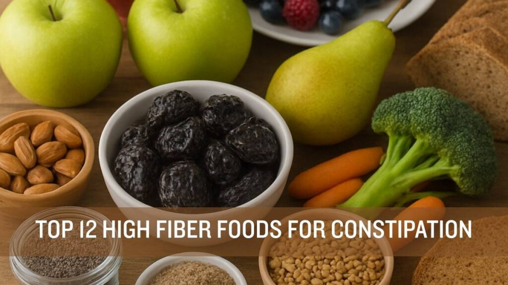 Assortment of high-fiber foods for constipation relief including apples, pears, prunes, berries, broccoli, carrots, almonds, chia seeds, flaxseeds, lentils, and whole-grain bread arranged on a wooden table with text overlay reading ‘Top 12 High-Fiber Foods for Constipation