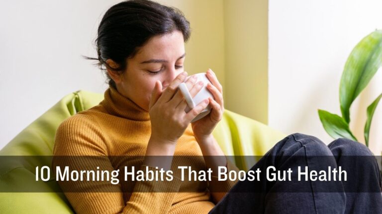 Woman drinking warm lemon water with healthy breakfast in the morning, 10 morning habits that boost gut health