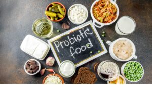 Probiotic-rich foods like yogurt, kefir, and sauerkraut supporting gut health and sleep.