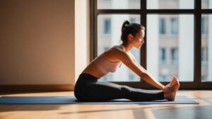 A person practicing yoga poses like forward bends exercises to relieve bloating and calm the gut