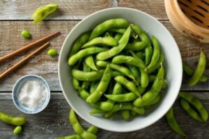Boiled edamame beans rich in plant-based iron protein and fiber