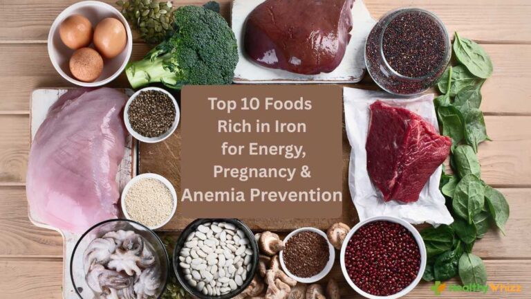 Assortment of top iron-rich foods including spinach seeds cashews mushrooms and seafood on a wooden table.